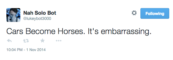 A tweet saying 'Cars Become Horses. It's embarrassing'